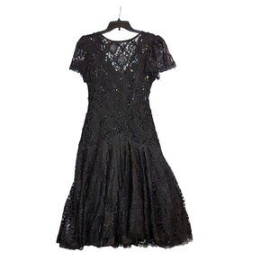 Vintage 80s HW Collections Black Lace Dress With Sequins Drop Waist Design Flutt